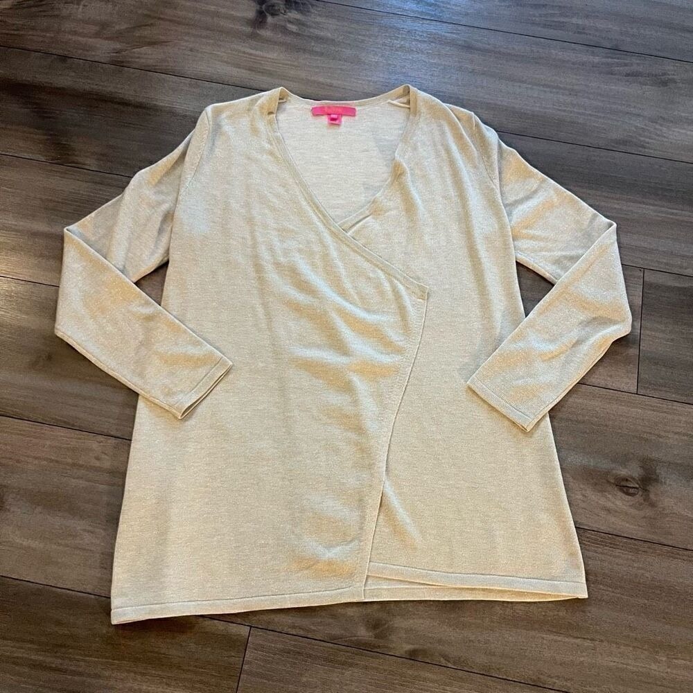 Lilly Pulitzer Womens Gold Metallic Shimmer Wrap Front Cardigan Sweater Medium